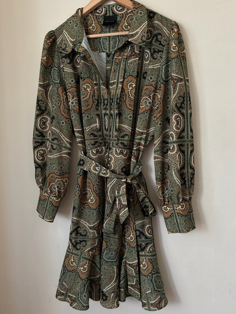 Alex Marie Fall Green Paisley Long Sleeve Ruffle Hem Belted Shirt Dress Size 14